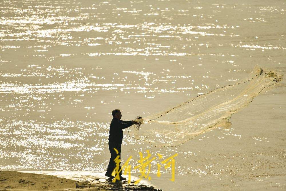 观落日看捕鱼 黄河岸边感受生态之美